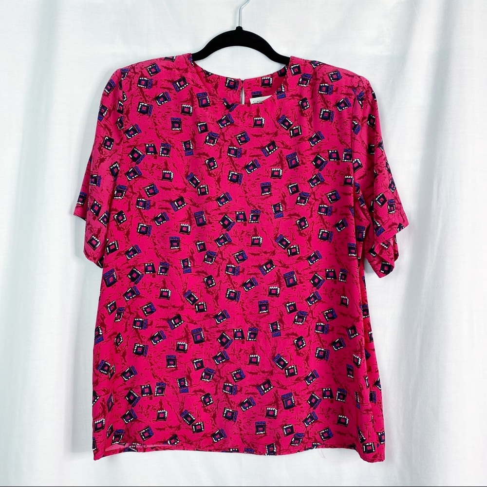 Vintage 90’s Raspberry Pink Geometric Print Bright Short Sleeve Top Med